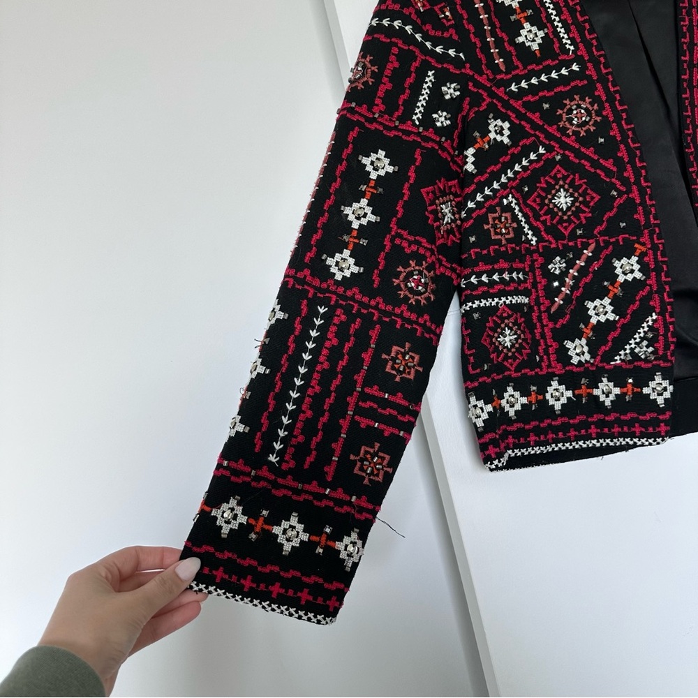 ZARA Ethnic Boho Embroidered Jacket Red Black Beaded Embellished Medium - Picture 6 of 16